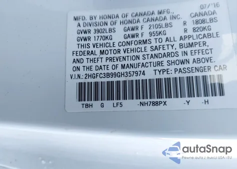 2016 Honda Civic Touring from USA, damaged, VIN 2HGFC3B99GH357974